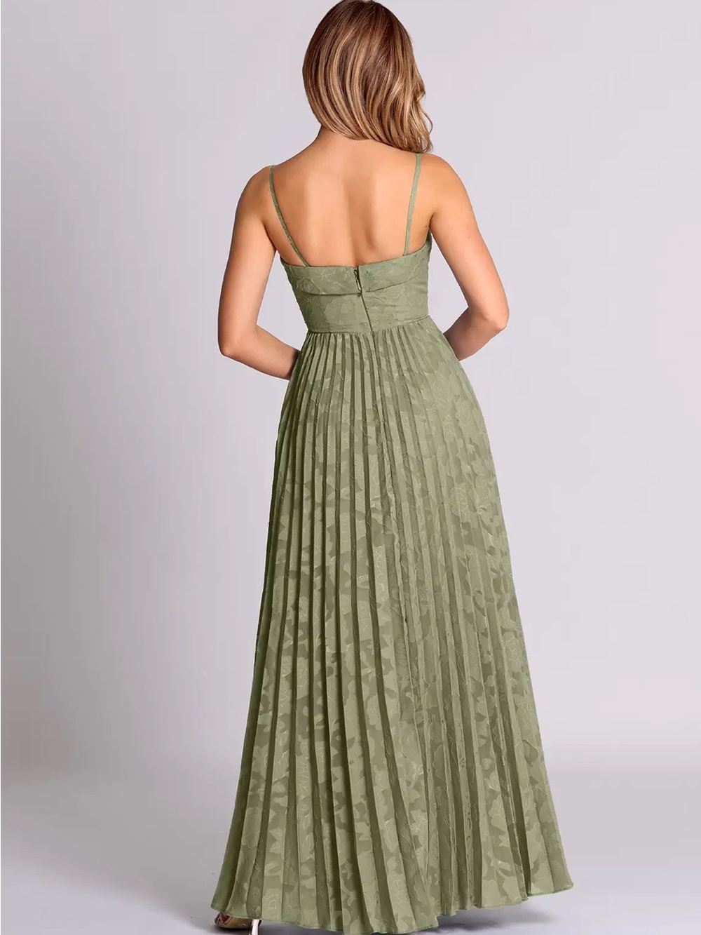 Strapless Olive Green Pleated Evening Dress - Picture 3 of 4